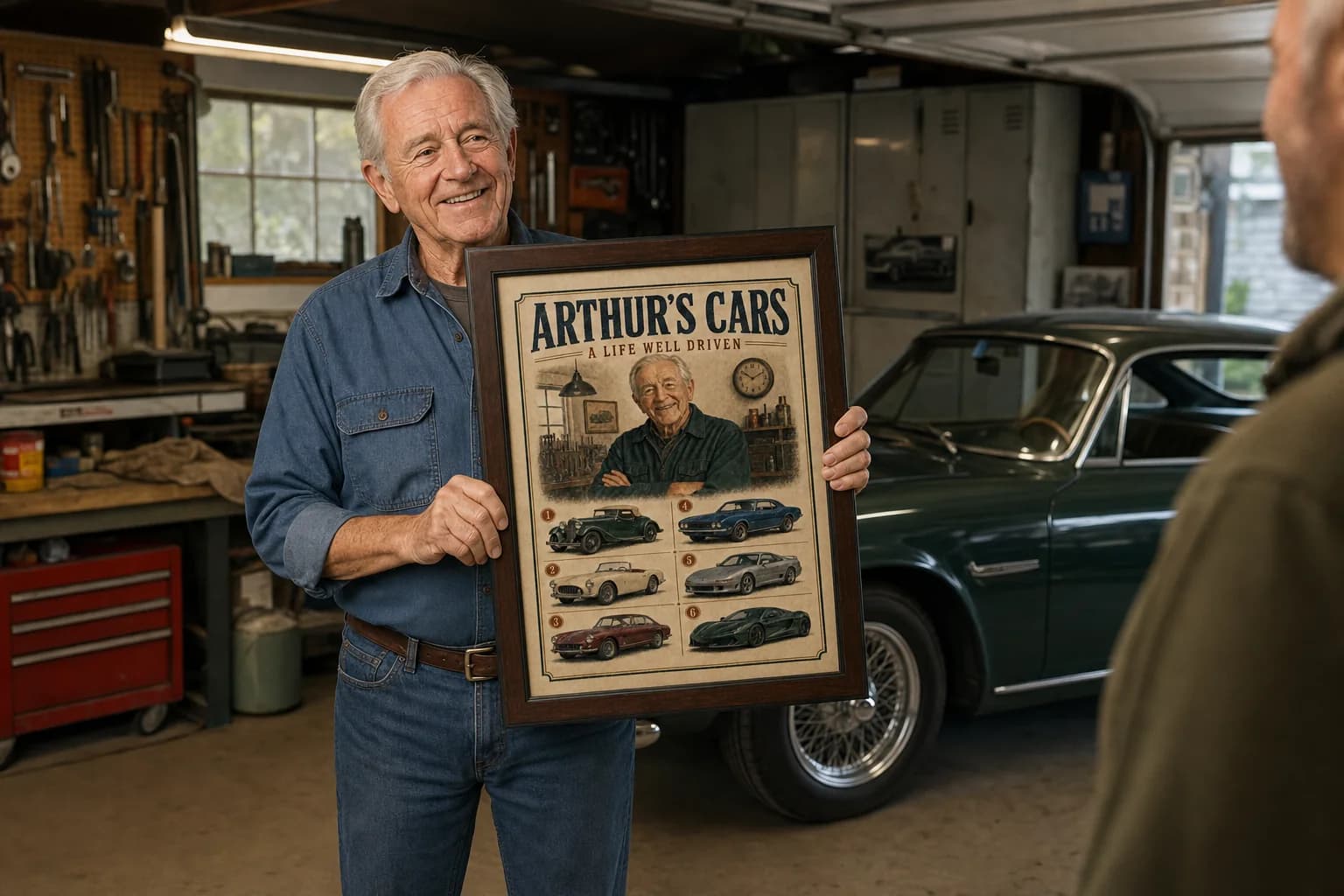 Fictional AI-generated scene of an older man holding his framed Arthur’s Cars history in a home garage