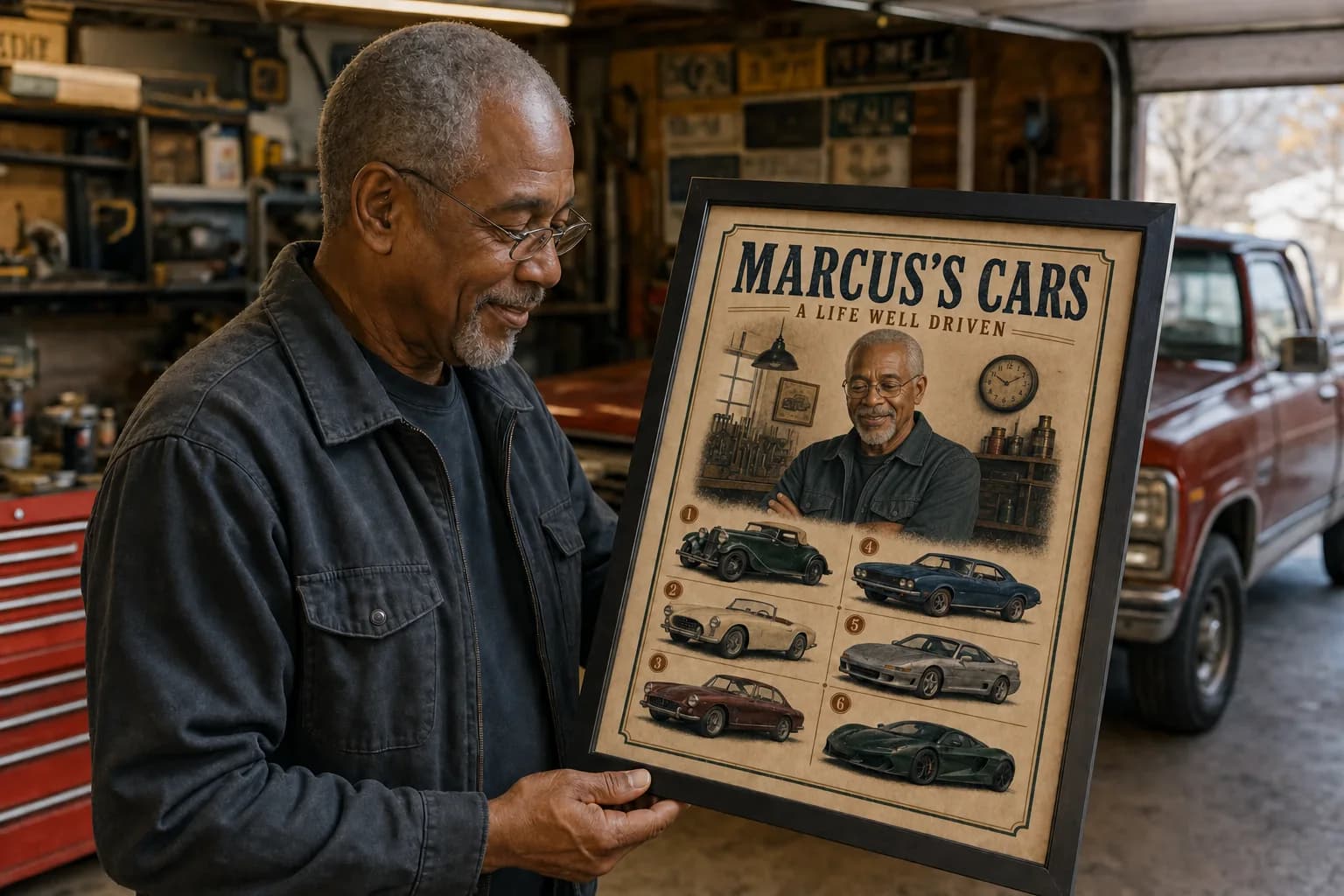 Fictional AI-generated scene of Marcus studying his framed Marcus’s Cars history, featuring his own portrait, in a workshop garage