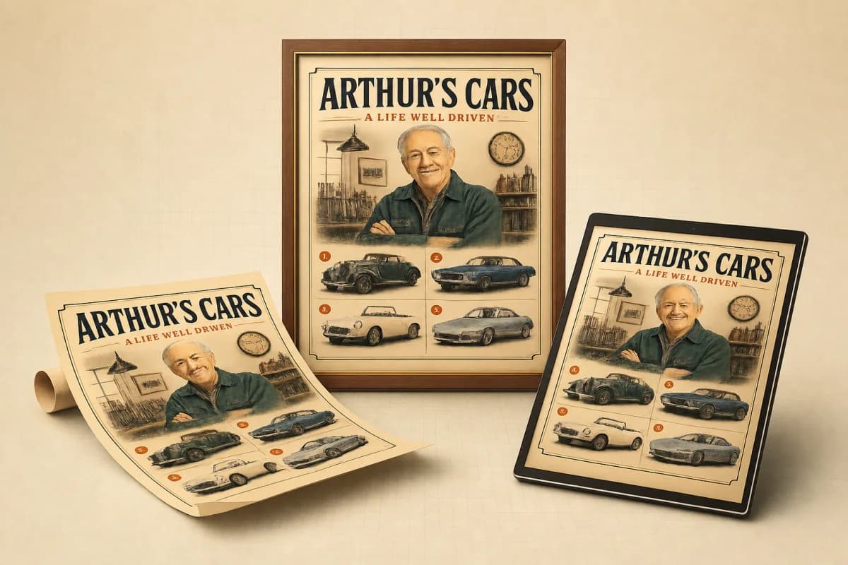 The fictional Arthur’s Cars artwork shown as a framed print, rolled poster, and digital display