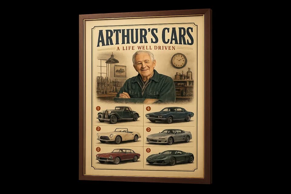 The fictional Arthur’s Cars artwork in a dark walnut frame
