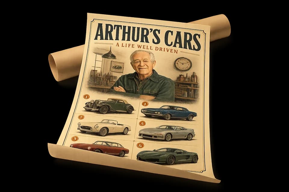 The fictional Arthur’s Cars artwork as a rolled matte poster with its shipping tube